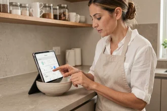 Femme consultant un tableau de conversion de litres sur une tablette dans une cuisine moderne