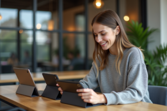 Jeune femme testant des tablettes dans un espace coworking