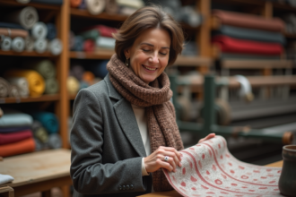 Femme souriante inspectant un tissu dans un atelier textile