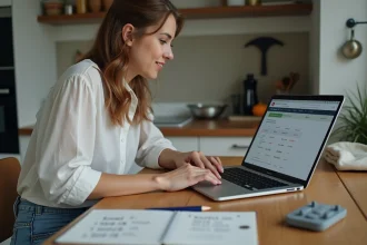 Jeune femme au home office avec ordinateur et calculs