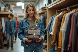 Jeune femme vintage souriante inspectant un sac de seconde main