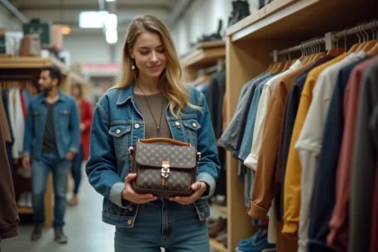 Jeune femme vintage souriante inspectant un sac de seconde main