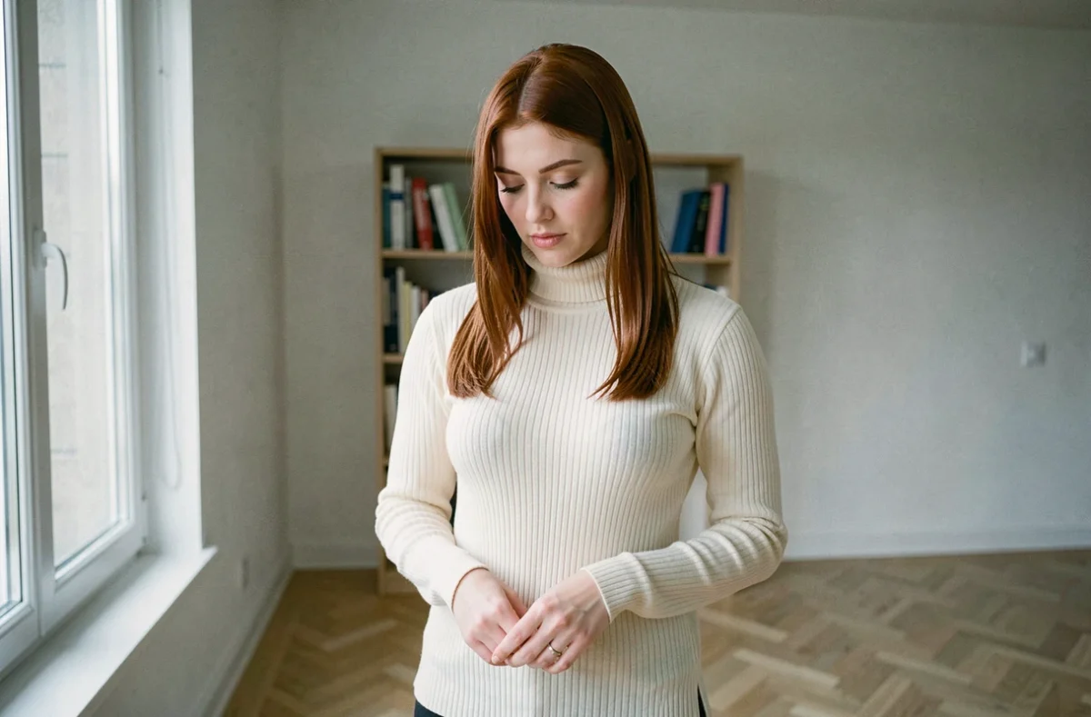 Jeune femme aux yeux baissés près d'une fenêtre dans un appartement minimaliste, posture introspective illustrant le langage corporel féminin