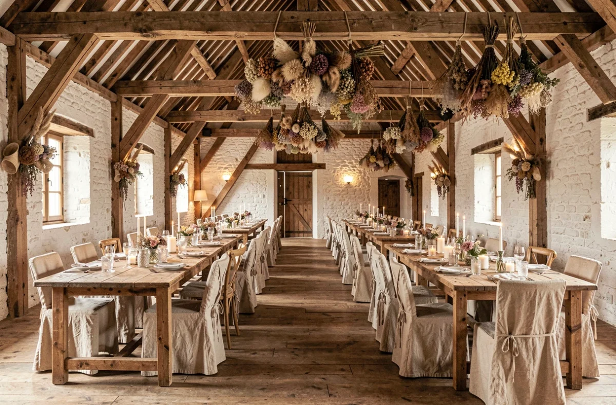 Ferme de l'Abbaye dans le Nord, grange rénovée décorée pour une réception de mariage champêtre