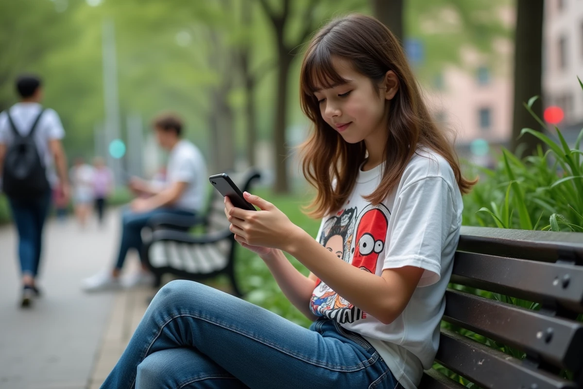 Fille assise dans un parc lisant manga sur son téléphone