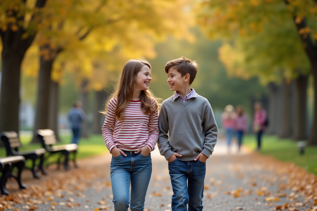 Deux demi-freres marchant dans un parc aux feuilles d automne