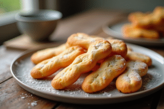 Assiette de biscuits ladyfinger sur table en bois rustique