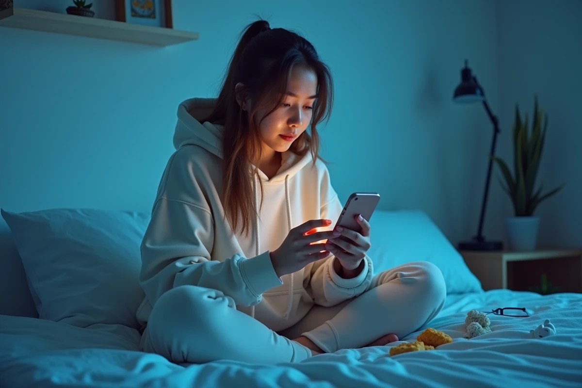 Jeune femme de la génération connectée absorbée par son smartphone dans une chambre minimaliste, illustrant les nouvelles obsessions numériques