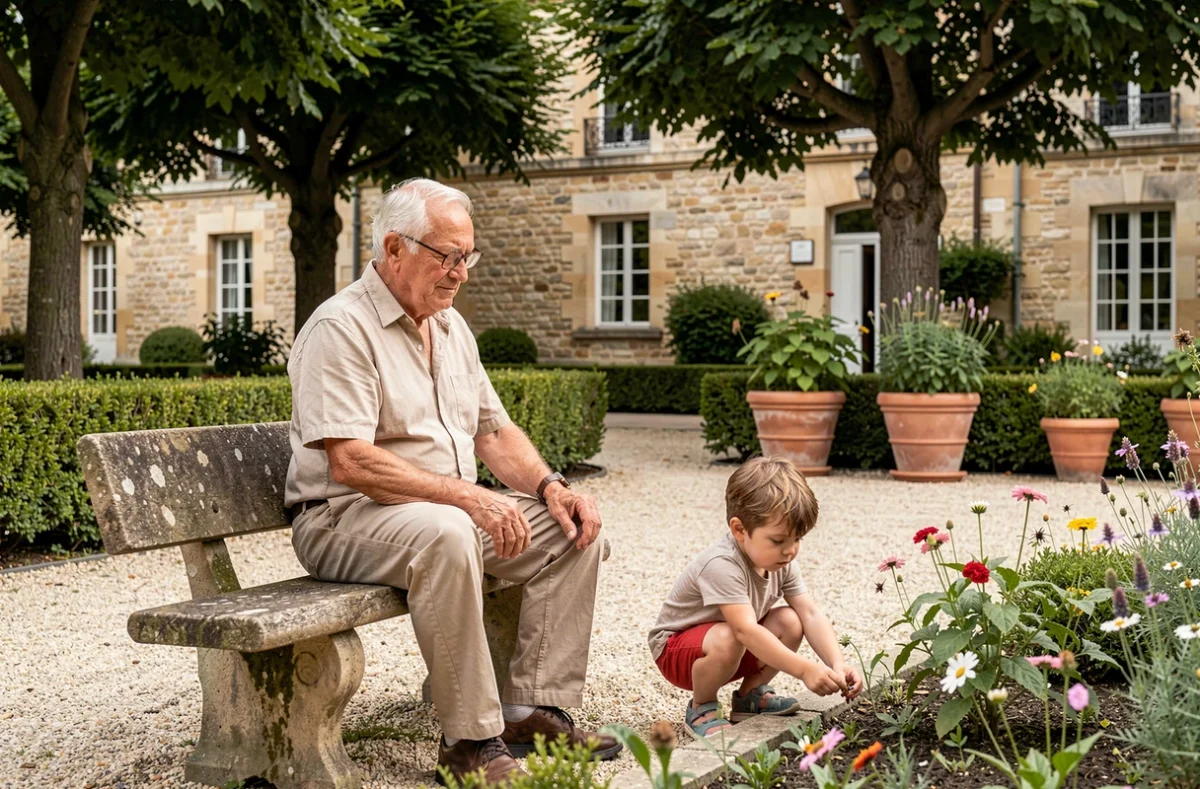 Grand-père et petit-enfant dans un jardin public calme du centre-ville de Narbonne avec architecture historique en arrière-plan
