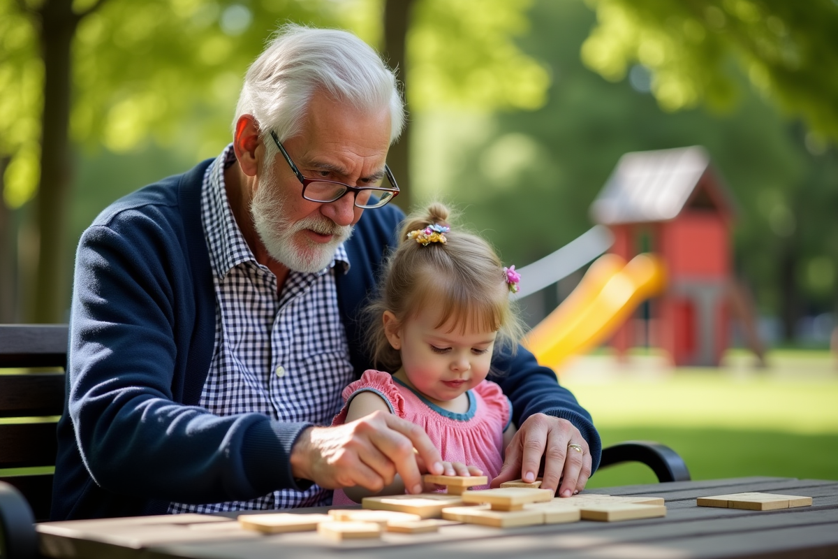 Grand-père guide sa petite fille pour assembler un puzzle dans le parc