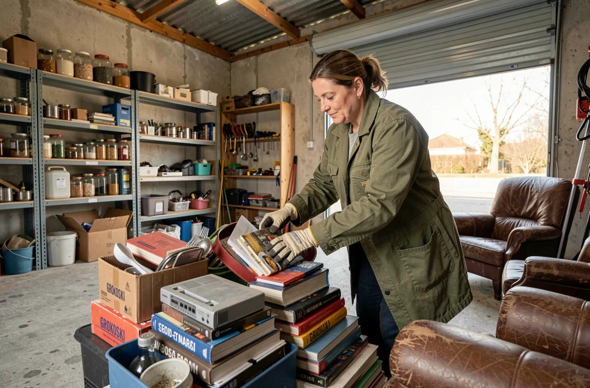 Professionnelle Grokosto triant des objets ménagers dans un garage encombré lors d'un débarras en Seine-et-Marne