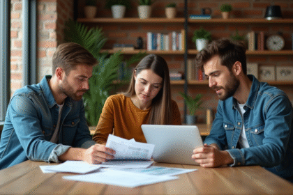 Groupe de trois jeunes adultes discutant finances dans un salon