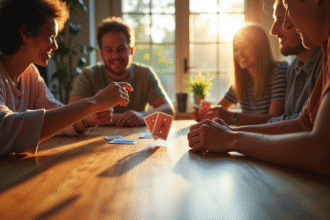 Groupe d'amis jouant à SkipBo autour d'une table en plein jour
