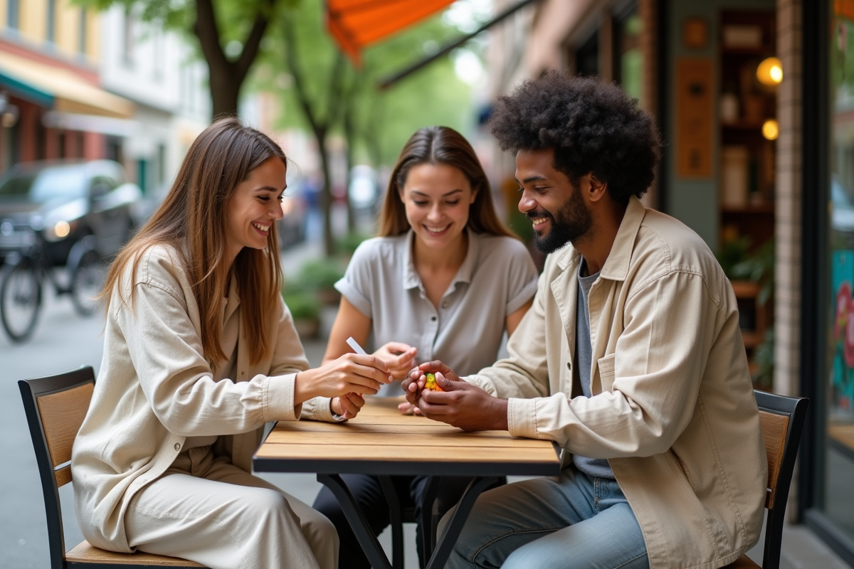 Groupe de trois personnes discutant avec sacs écologiques en ville