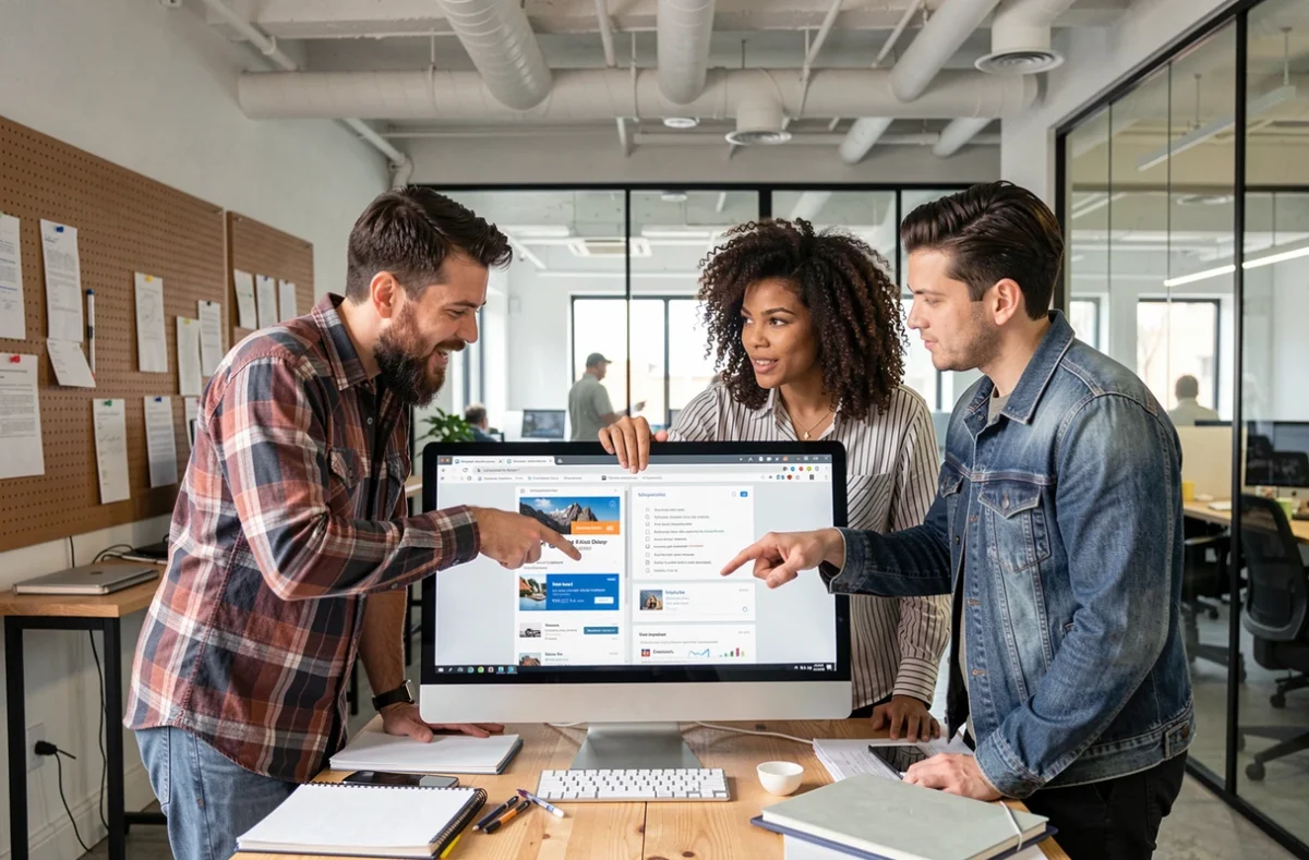 Groupe de trois adultes discutant et comparant des sites alternatifs à Fourtoutici sur un écran d'ordinateur dans un espace de coworking industriel