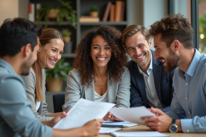 Groupe de professionnels en réunion dans un bureau moderne