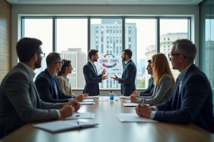 Groupe de professionnels en réunion autour d'un graphique