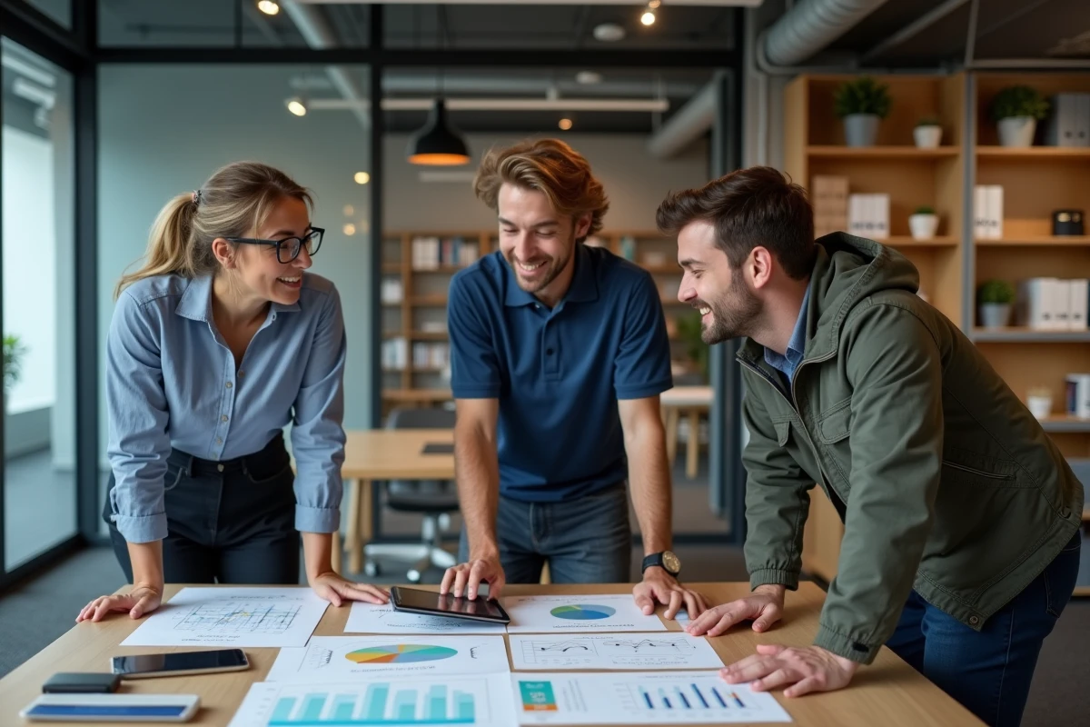 Groupe de professionnels en réunion dans un espace de travail collaboratif, illustrant la diversité des professions intermédiaires entre ouvriers et cadres