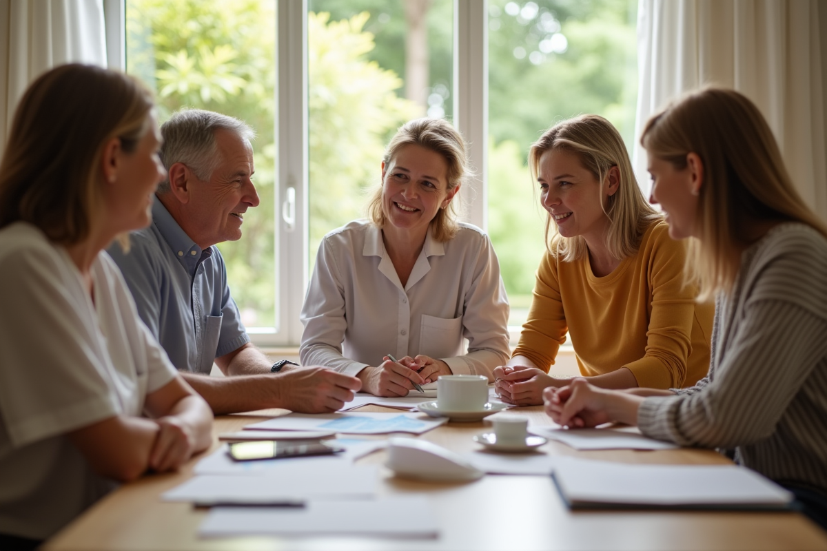 Groupe de travailleurs sociaux et clients dans un centre communautaire