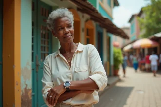 Femme consultant sa montre dans une rue colorée de Cayenne en Guyane française, illustrant le décalage horaire avec la métropole
