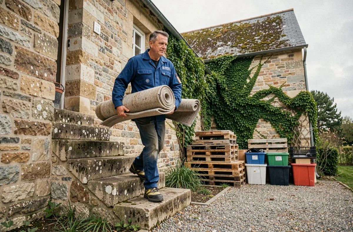 Technicien Hexa Débarras portant un tapis hors d'une propriété rurale lors d'un débarras en Seine-et-Marne