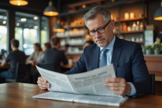Homme d'affaires lisant un journal financier dans un café moderne