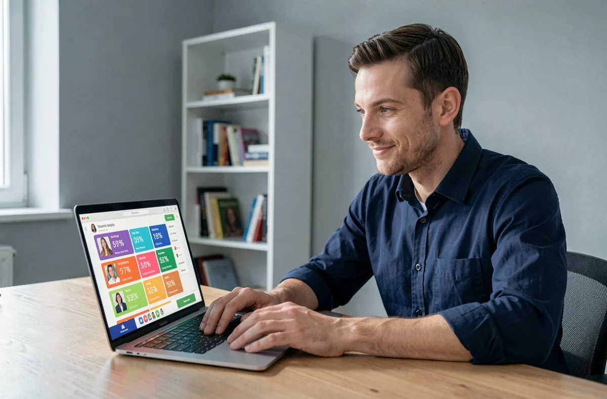 Homme analysant les résultats de l'algorithme de matching d'une application de rencontres sur ordinateur portable à domicile