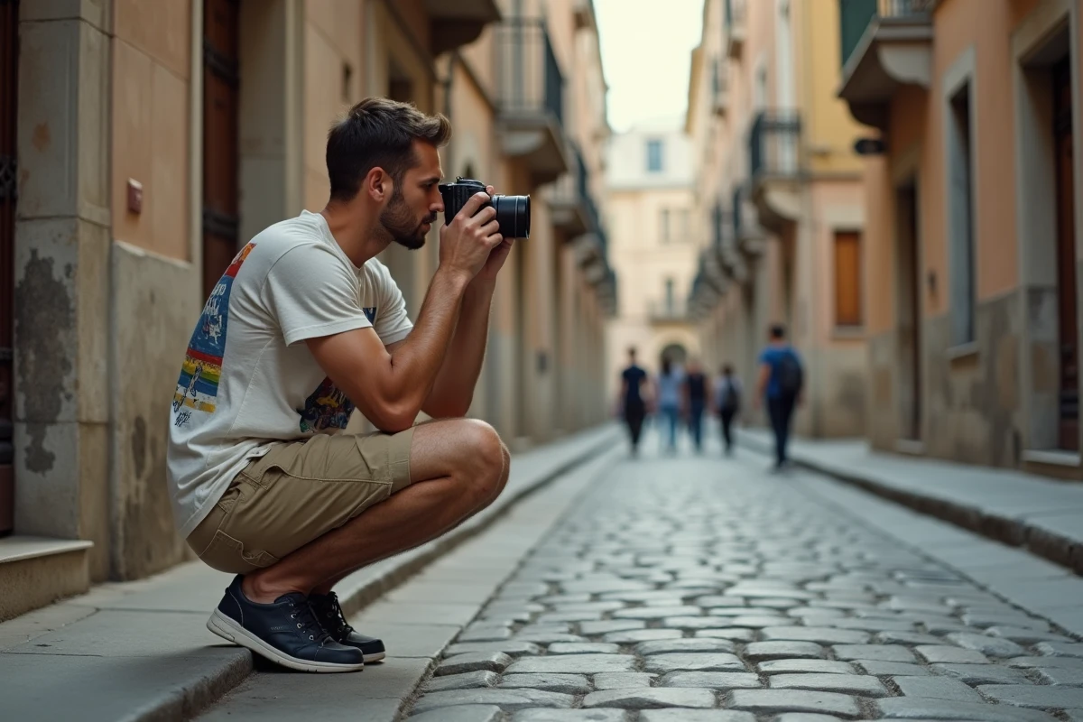 Homme accroupi dans une rue pavée utilisant un appareil photo jetable réutilisable pour photographier une scène urbaine