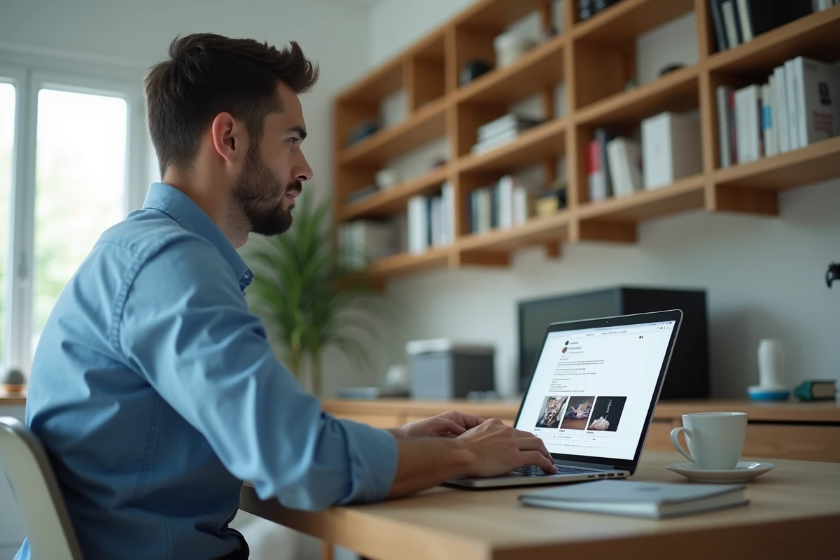 Homme au bureau naviguant sur Instagram
