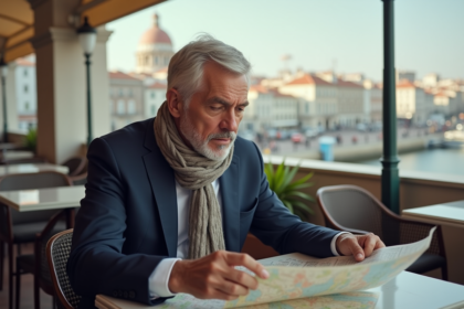 Homme en costume examinant une carte à Lisbonne