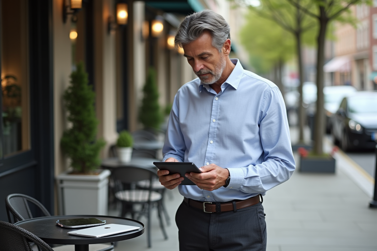 Homme d age moyen utilisant une tablette en terrasse de café
