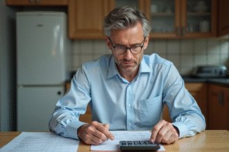 Homme d'âge moyen examinant des documents et une calculatrice