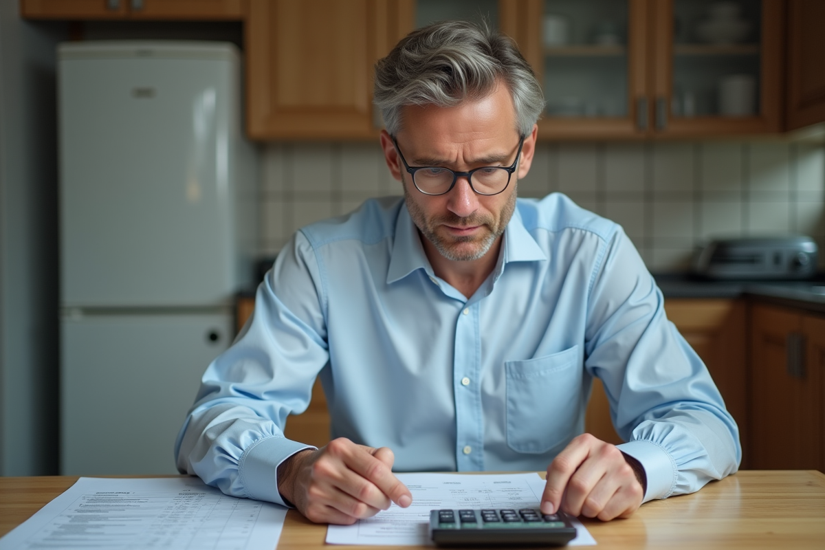 Homme d'âge moyen examinant des documents et une calculatrice