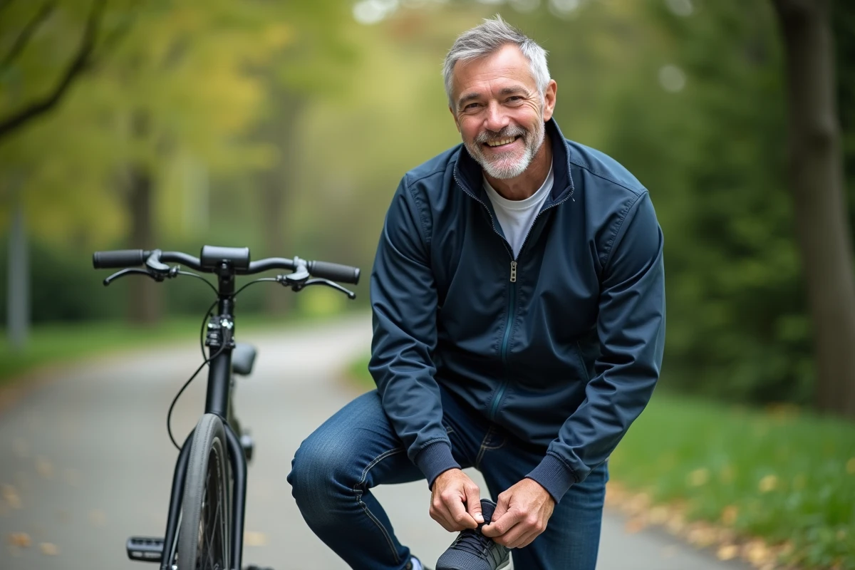 Homme sportif en ville avec vélo dans un parc