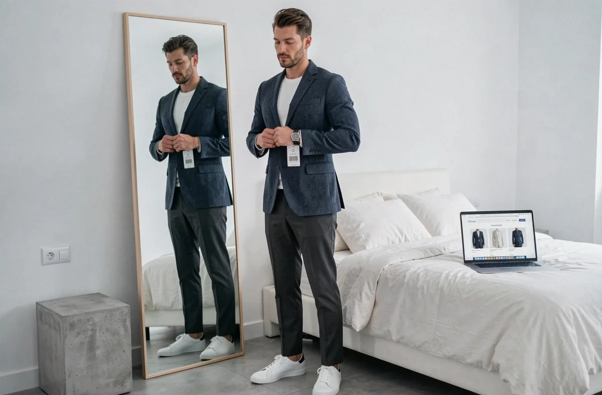 Homme essayant un blazer tendance acheté en ligne à bon prix dans une chambre minimaliste moderne