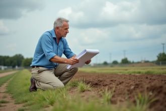 Homme d'âge moyen examine un terrain rural avec plan
