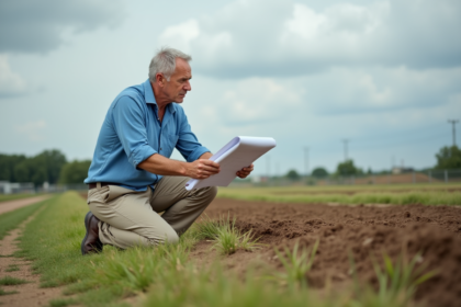 Homme d'âge moyen examine un terrain rural avec plan