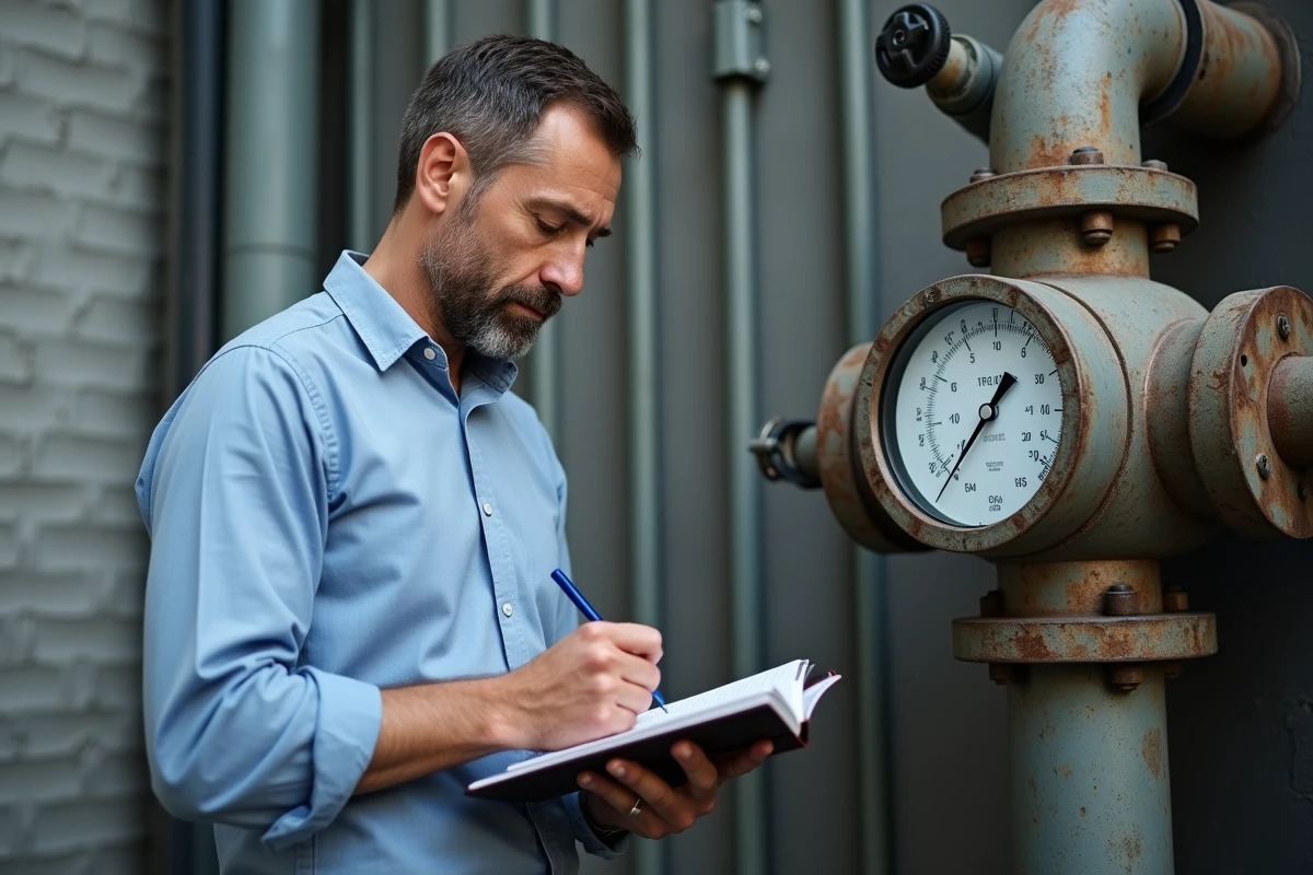 Homme vérifiant un manomètre industriel en extérieur
