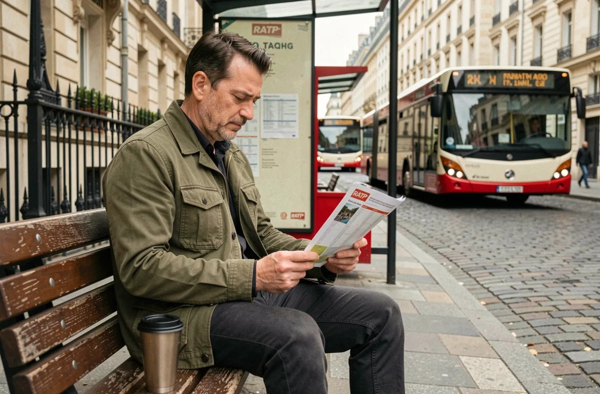 Homme lisant les horaires RATP du week-end à un arrêt de bus parisien le dimanche matin
