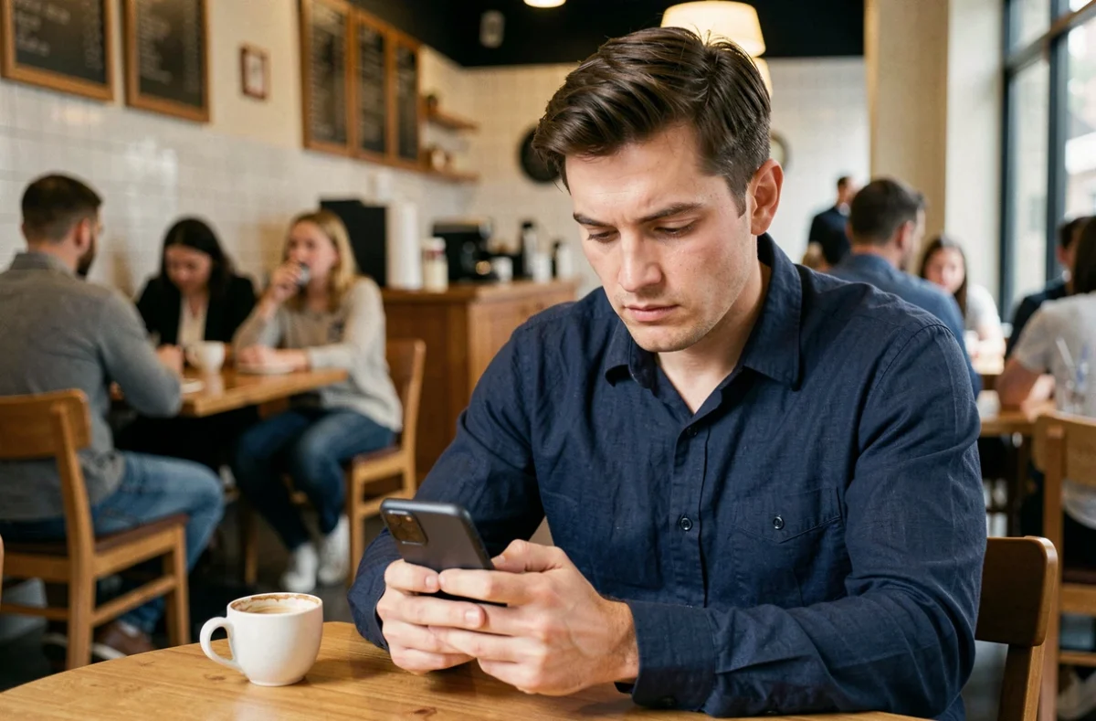 Homme qui ignore ses réseaux sociaux et ne regarde plus les stories, assis seul dans un café urbain