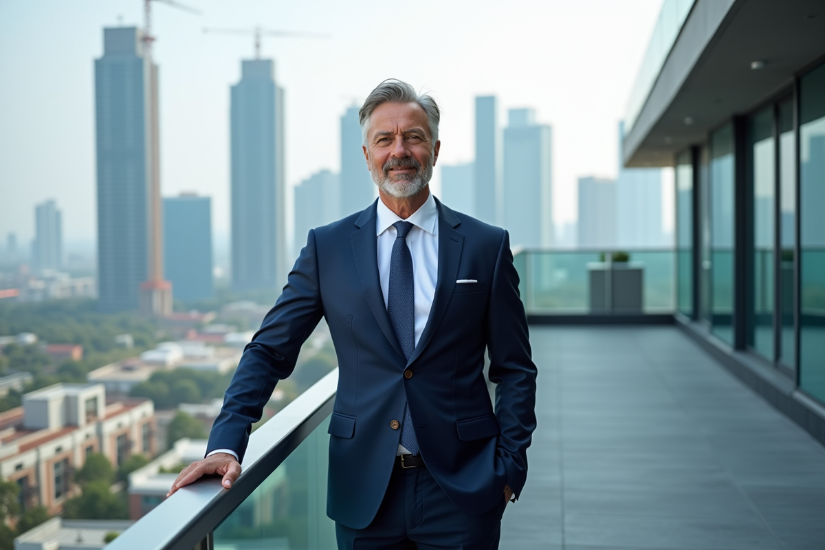 Homme d'affaires immobilier sur un rooftop urbain