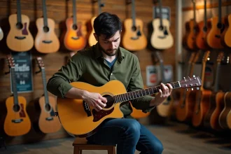 Homme inspectant une guitare acoustique Atlantic dans une boutique de musique, comparant guitare neuve et occasion