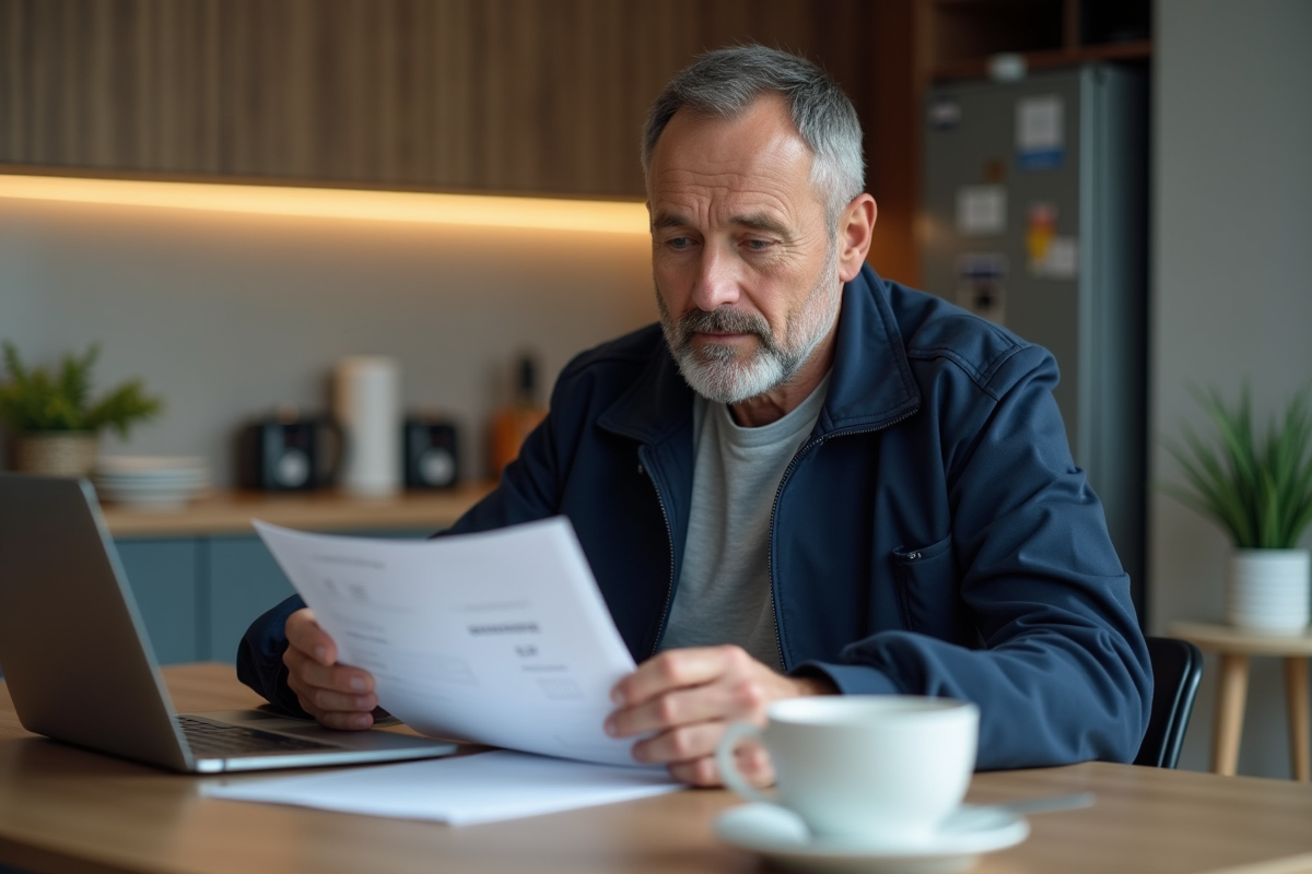 Homme lisant ses papiers EDF dans une cuisine moderne