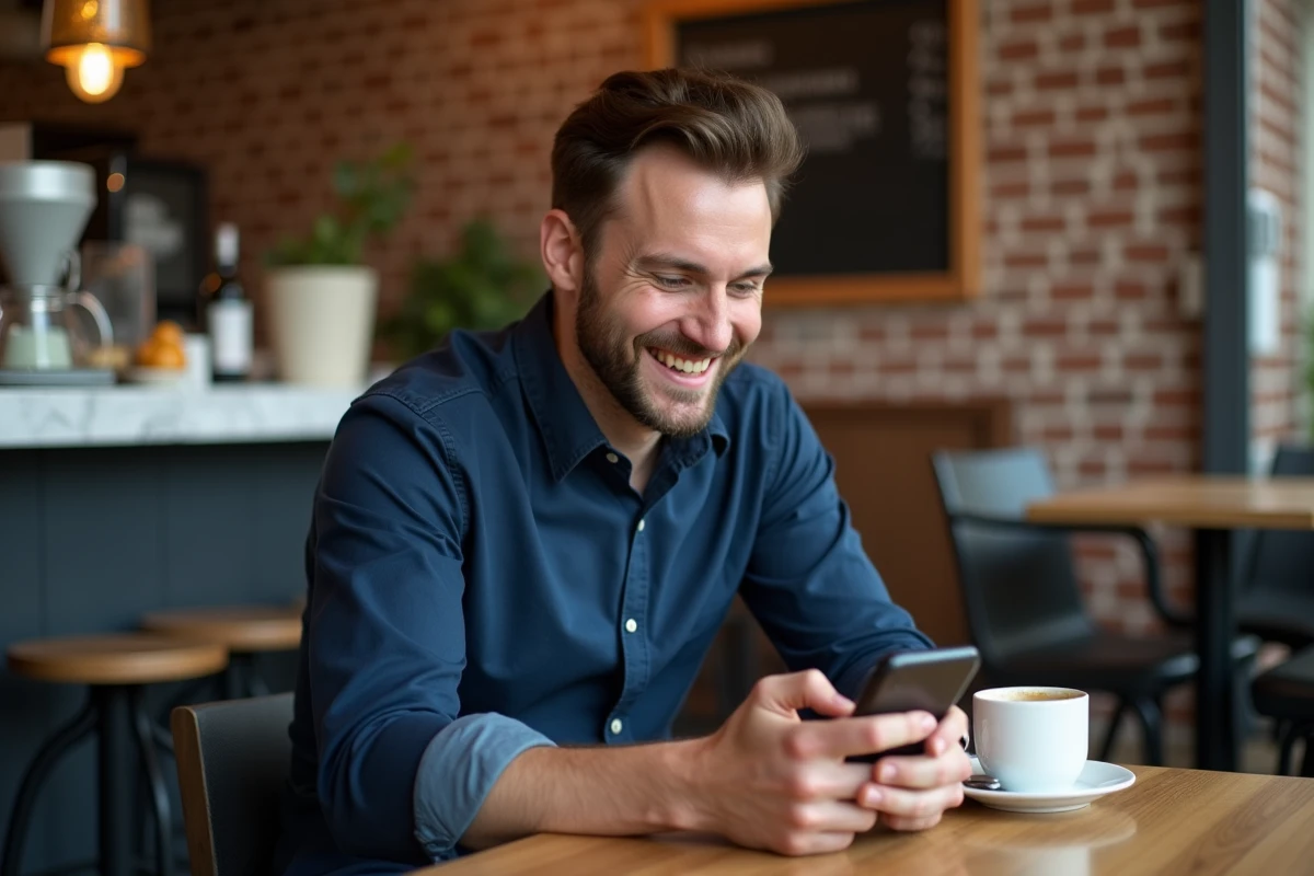 Homme souriant dans un café qui lit un message d'amour inattendu sur son téléphone