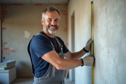 Homme en overalls mesurant un mur en rénovation