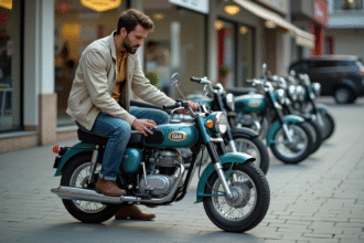Homme examine une moto vintage Dax en extérieur