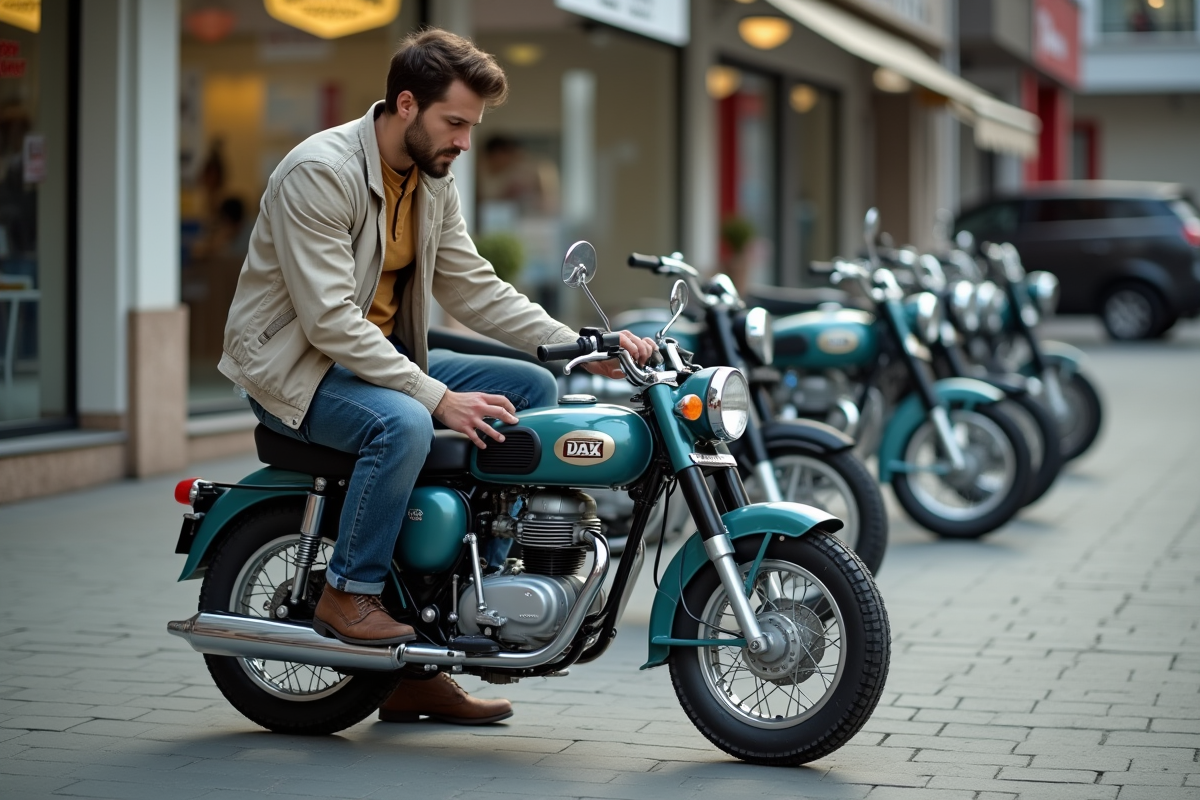 Homme examine une moto vintage Dax en extérieur