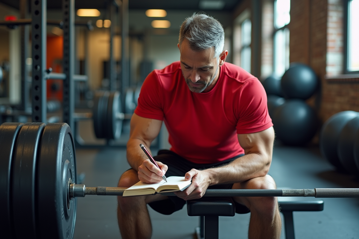 Homme en salle de sport note ses poids sur un carnet
