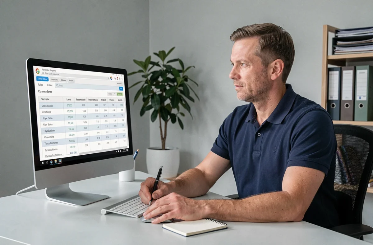 Homme utilisant un tableau de conversion de litres interactif sur un ordinateur de bureau