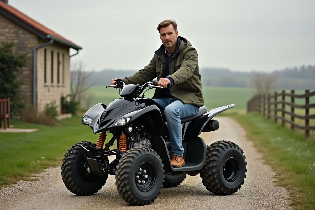 Homme en extérieur sur un quad 50cc dans un cadre rural